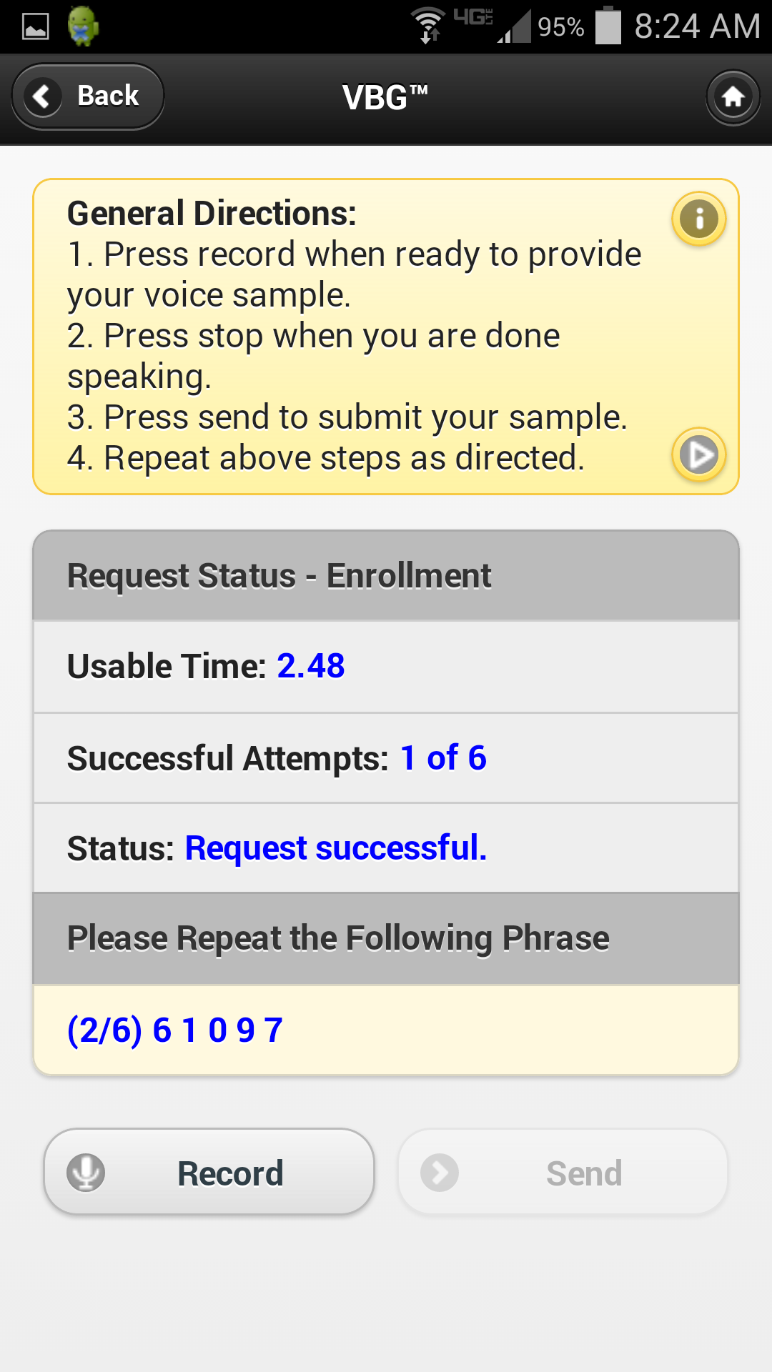 VBG Mobile App - Enroll Screen